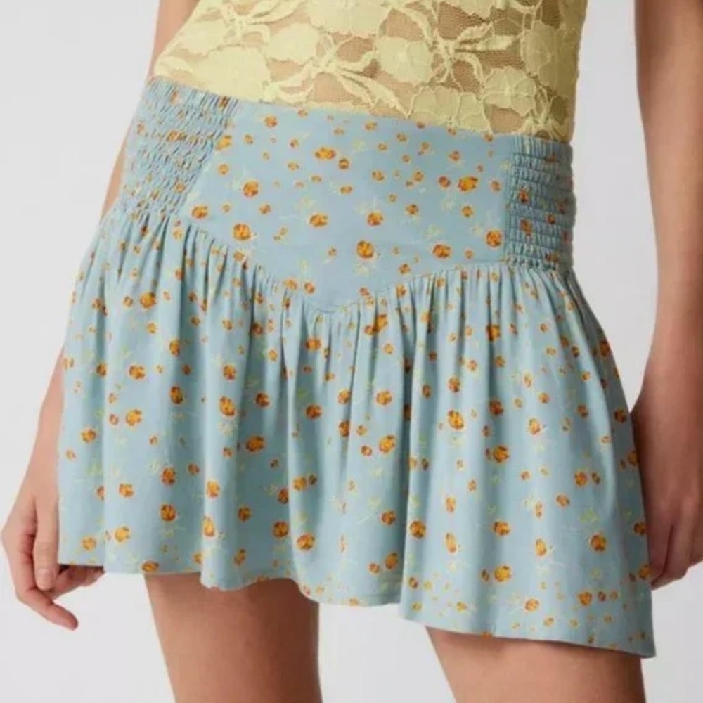 Urban Outfitters Light Blue Mini Skirt with Yellow Floral Print